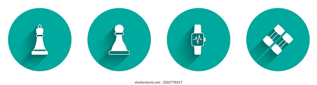 Set Chess, Smart watch with heart and Dumbbell icon with long shadow. Vector