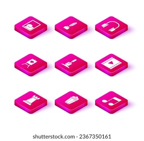 Set Chess symbol, Popcorn in cardboard box, Wood easel painting art boards, Shovel the ground, Music note, tone, Play Video, Headphones and Feather and inkwell icon. Vector