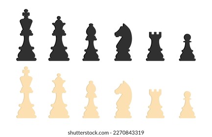 Set of chess vector icons. Black and white silhouette with chess. King, queen, pawn, horse and rook. Vector 10 Eps.