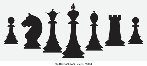 Set of chess vector icons. Black silhouette with chess. King, queen, pawn, horse and rook.