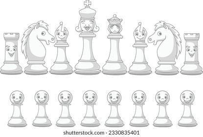 Set of chess white pieces cartoon