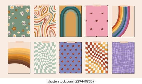 Set of chessboard abstract floral retro groovy 70s 90s texture background. Vibrant vintage hippie checkerboard, waves, mesh pattern. Vector psychedelic illustration in Y2k style