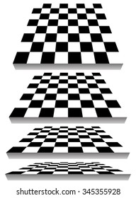 Set of chessboard, checkered board shapes in different perspective