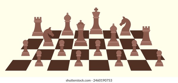 Set of chessboard pieces arranged on a chessboard pattern