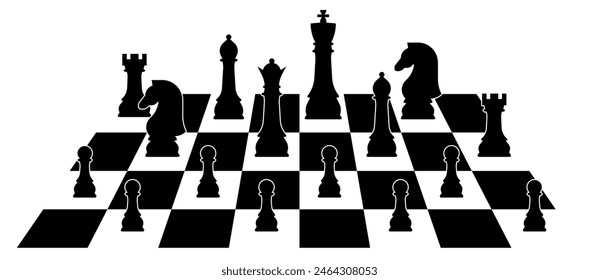 Set of chessboard pieces arranged on a chessboard pattern