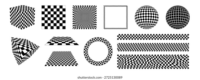 Conjunto de quadros de xadrez, bordas quadriculadas, quadros redondos e quadrados, cubos isométricos e esferas isoladas em fundo branco. Padrões e figuras com impressão xadrez. Ilustração gráfica vetorial.