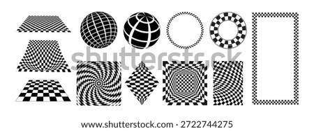 Set of chessboards planes, checkered figures and frames isolated on white background. Surfaces and forms with black and white checkerboard print. Vector graphic illustration.