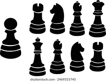 Set of Chessmen of chessboard icons. Chess in fill flat styles. Chess board game vectors for apps and websites isolated on transparent background. Chess piece icons. Modern figures of board game.