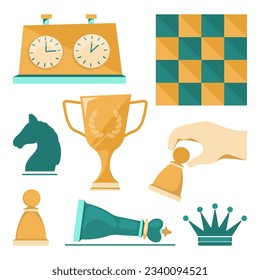 A set with chess-related objects in yellow and green colours, depicting a chess clock, chess pieces, a hand with a pawn, a winner's cup and a chessboard pattern.