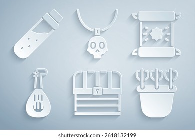 Conjunto de pecho, decreto, pergamino, pergamino, laúd, carcaj con flechas, amuleto de collar y botella icono de poción. Vector
