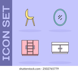 Set Chest of drawers, Armchair, Wardrobe and Mirror icon. Vector