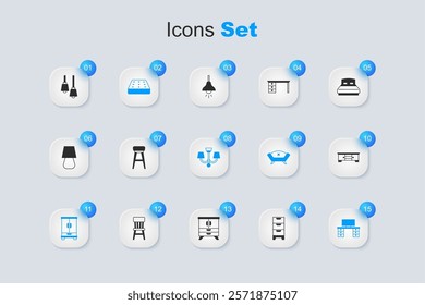 Set Chest of drawers, Chair, Mattress, Wardrobe, Office desk, TV table stand, Lamp hanging and Chandelier icon. Vector