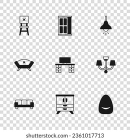 Set Chest of drawers, Chandelier, Pouf, Office desk, Lamp hanging, Chair, Wardrobe and Sofa icon. Vector