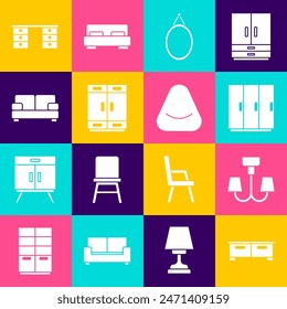 Set Chest of drawers, Chandelier, Wardrobe, Mirror, Sofa, Office desk and Pouf icon. Vector