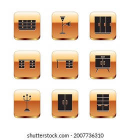 Set Chest of drawers, Coat stand, Wardrobe, Office desk,  and Floor lamp icon. Vector