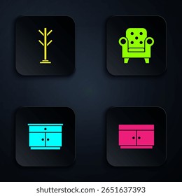 Conjunto de cajones, perchero, mesita de noche de muebles y sillón. Botón cuadrado negro. Vector