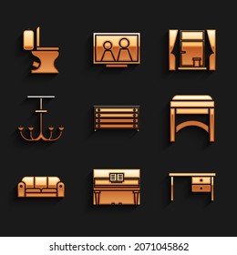 Set Chest of drawers, Grand piano, Office desk, Chair, Sofa, Chandelier, Window with curtains and Toilet bowl icon. Vector