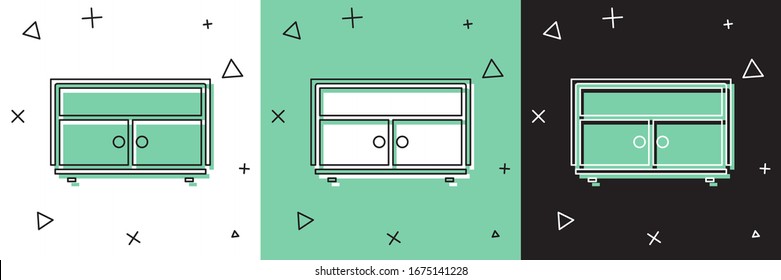 Ajuste el icono del Chest de cajones aislados en fondo blanco y verde y negro.  Ilustración vectorial