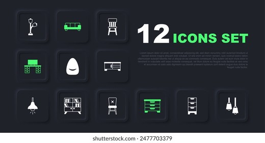 Set Chest of drawers, Lamp hanging, Pouf, Office desk, Library bookshelf, Sofa and Chair icon. Vector