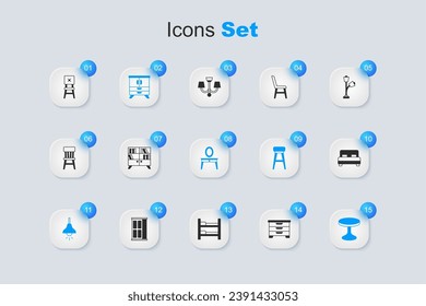 Set Chest of drawers, Library bookshelf, Lamp hanging, Round table, Big bed, Chair and Dressing icon. Vector