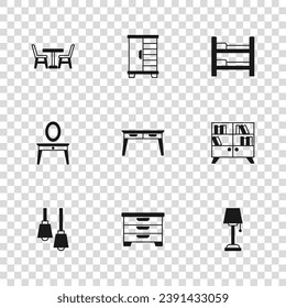 Set Chest of drawers, Library bookshelf, Floor lamp, Office desk, Bunk bed, Table with chair, Wardrobe and Dressing table icon. Vector