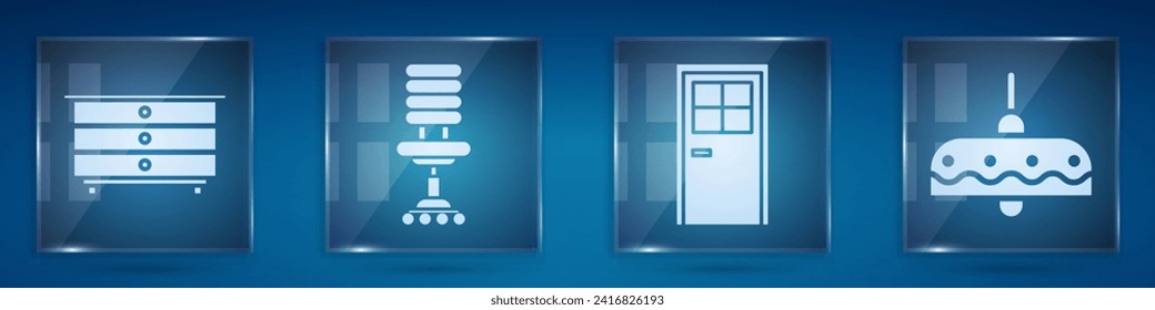 Set Kommode, Bürostuhl, Geschlossene Tür und Kronleuchter. Viereckige Glasplatten. Vektorgrafik