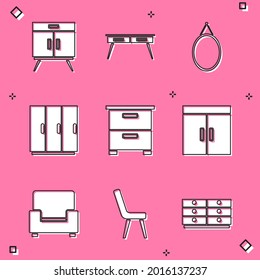 Set Chest of drawers, Office desk, Mirror, Wardrobe, Furniture nightstand, Armchair and  icon. Vector