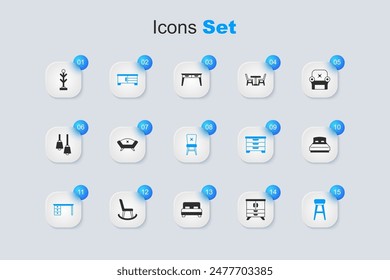 Set Chest of drawers, Sofa, TV table stand, Office desk, Chair, Big bed, Coat and  icon. Vector