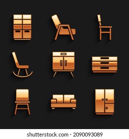 Set Chest of drawers, Sofa, Wardrobe, Chair, Armchair,  and  icon. Vector