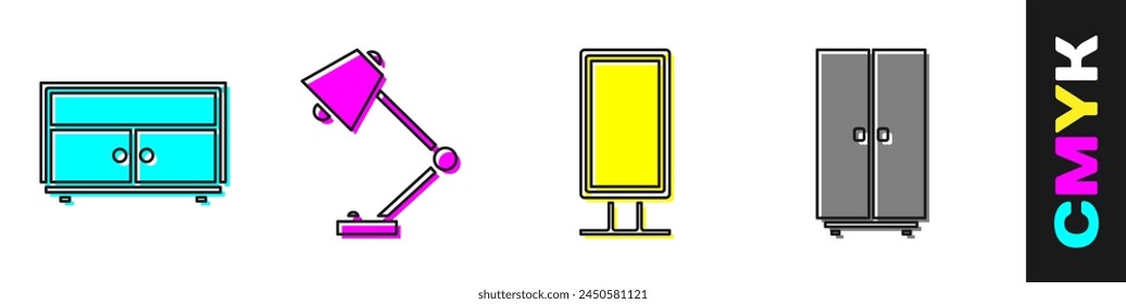 Set Chest of drawers, Table lamp, Big full length mirror and Wardrobe icon. Vector