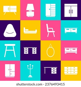 Set Chest of drawers, Wardrobe, Bed, Pouf,  and Armchair icon. Vector