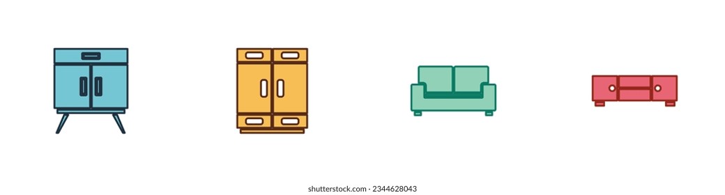 Set Chest of cajers, Wardrobe, Sofá e icono. Vector