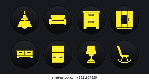 Set Kommode, Schrank, Tischlampe, Möbel Nachttisch, Sofa, Sessel und Kronleuchter Ikone. Vektorgrafik