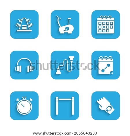 Set Chest expander, Horizontal bar, Smart watch hand, Calendar fitness, Stopwatch, Headphones,  and Metal rack with weights icon. Vector