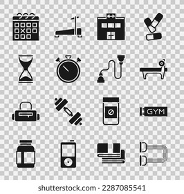 Set Chest expander, Location gym, Bench with barbel, Gym building, Stopwatch, Old hourglass, Calendar fitness and  icon. Vector