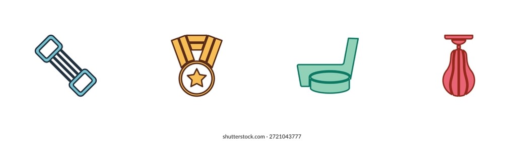 Conjunto expansor de pecho, medalla, disco de palo de hockey sobre hielo e icono de saco de boxeo. Vector