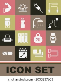 Set Chest expander, Smart watch, Doping syringe, Fitness shaker, Boxing glove, Bodybuilder muscle and Shower head icon. Vector