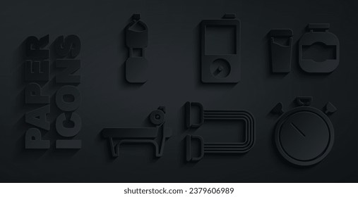 Set Chest expander, Sports nutrition, Bench with barbel, Stopwatch, Music player and Bottle of water icon. Vector