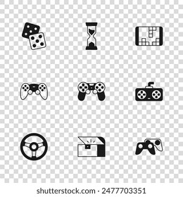 Set Chest for game, Game controller joystick, Portable video console, dice, Old hourglass and  icon. Vector