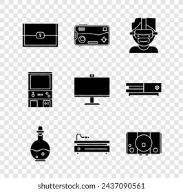 Set Chest for game, Mobile and playing in, Virtual reality glasses, Bottle with magic elixir, Video console, Retro arcade machine and Computer monitor icon. Vector