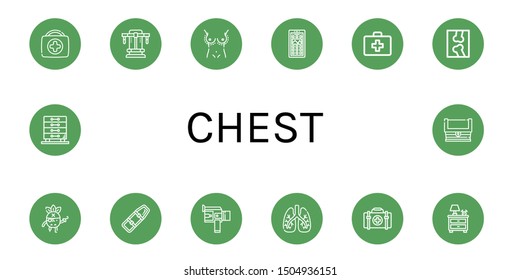 Set of chest icons such as First aid kit, Bench press, Breast enlargement, App drawer, X ray, Pirate, Spinal board, Super, Lungs, Nightstand, Drawers, Treasure , chest