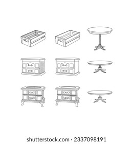 Conjunto de líneas de Chest y Round Table diseño de mobiliario sencillo, plantilla de ilustración de elemento gráfico