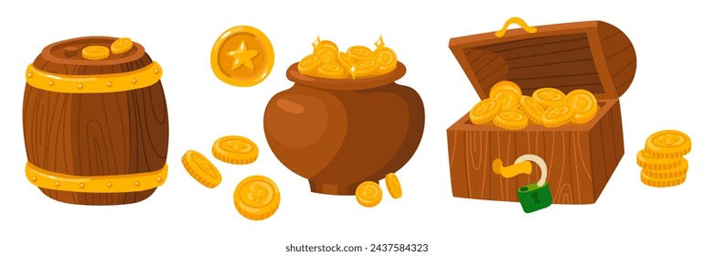 Set of chest, vat, barrel with gold coins. A vector illustration screen for the graphical interface of a computer game and for the St. Patrick's Day holiday in Ireland. Isolated items with bonus coins