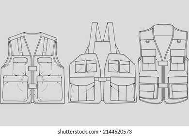 Set of chest vest bag outline drawing vector, chest vest bag in a sketch style, trainers template outline, vector Illustration.
