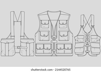 Juego de vectores de dibujo de la bolsa de chalecos de pecho, bolsa de chalecos de pecho con un estilo de esbozo, contorno de plantilla de entrenadores, ilustración vectorial.
