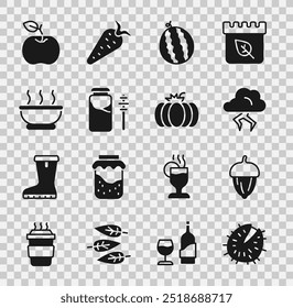 Conjunto de castaña, bellota, tormenta, sandía, tarro de miel y palo de cucharón, tazón de sopa caliente, icono de manzana y calabaza. Vector