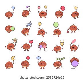 Set of chestnut and balloon holding different shapes and showing various emotions, perfect for festive decorations and joyful celebrations in kawaii cartoon style for inspiring design projects.