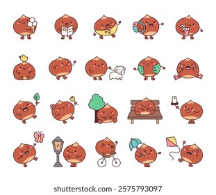 Set of chestnut characters enjoying park adventures with adorable activities, heartfelt emotions, charming animal, fun objects, and delightful poses in a kawaii cartoon style