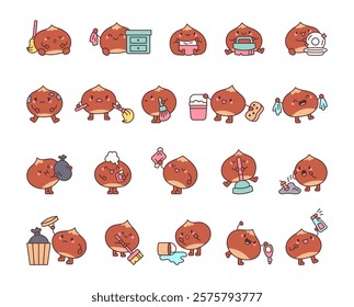 Set of chestnut characters performing fun cleaning tasks using household tools in cute kawaii cartoon style, showcasing emotions, activities for creative domestic illustrations