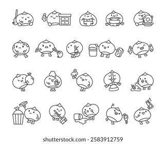 Set of chestnut characters performing fun cleaning tasks using household tools in cute kawaii cartoon style, showcasing emotions, activities for creative domestic illustrations